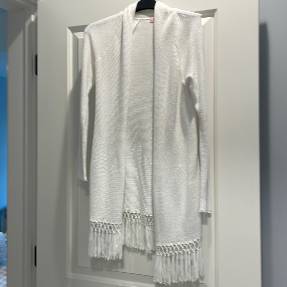 Lily Pulitzer white drape cardigan with tassels. Size extra small